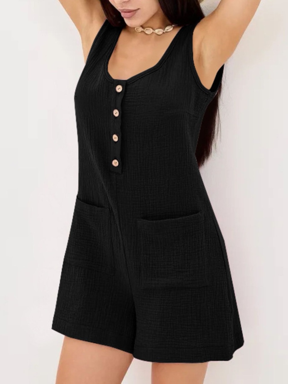 💖Hello Gorgeous! COTTON Casual Button-Down Sleeveless Romper w/pockets